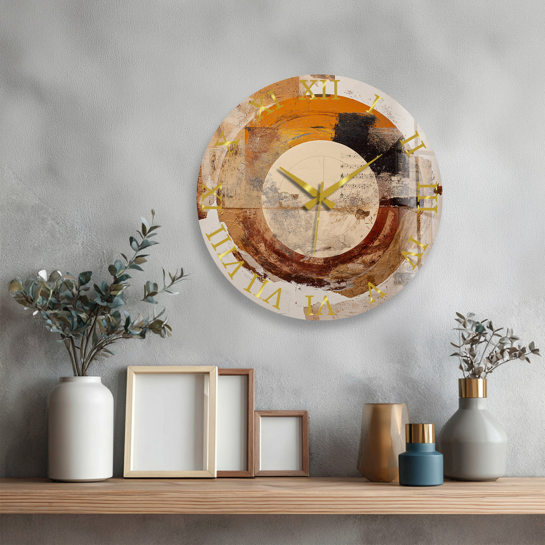 Neutral Abstract Glass Wall Clock – Earth Tone Circle Art