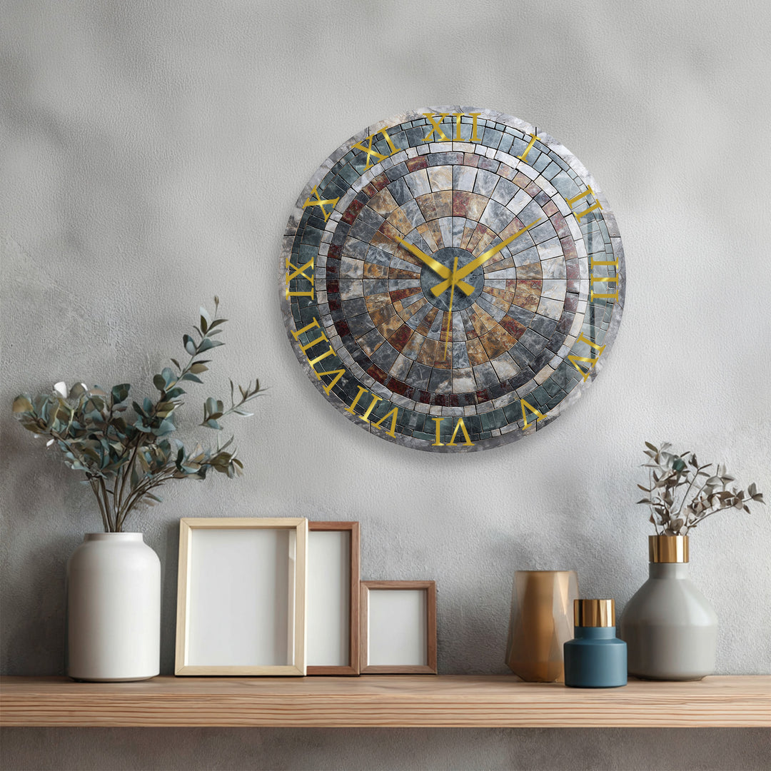 Stone Mosaic Glass Wall Clock – Rustic Geometric Decor