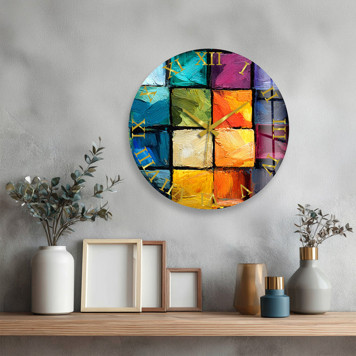 Colorful Abstract Glass Wall Clock – Textured Geometric Painting