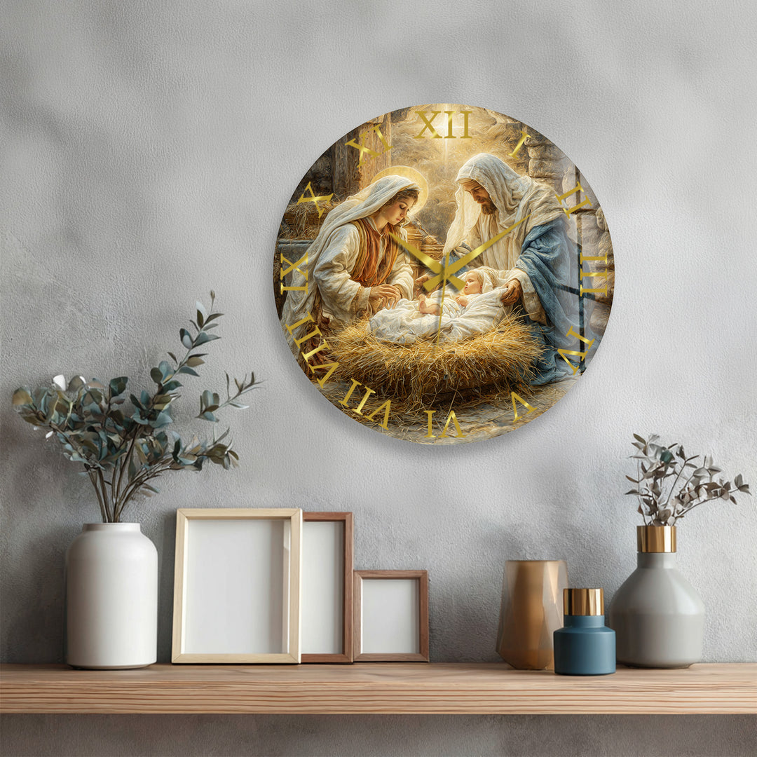 Nativity Scene Glass Wall Clock – Holy Family Christmas Decor