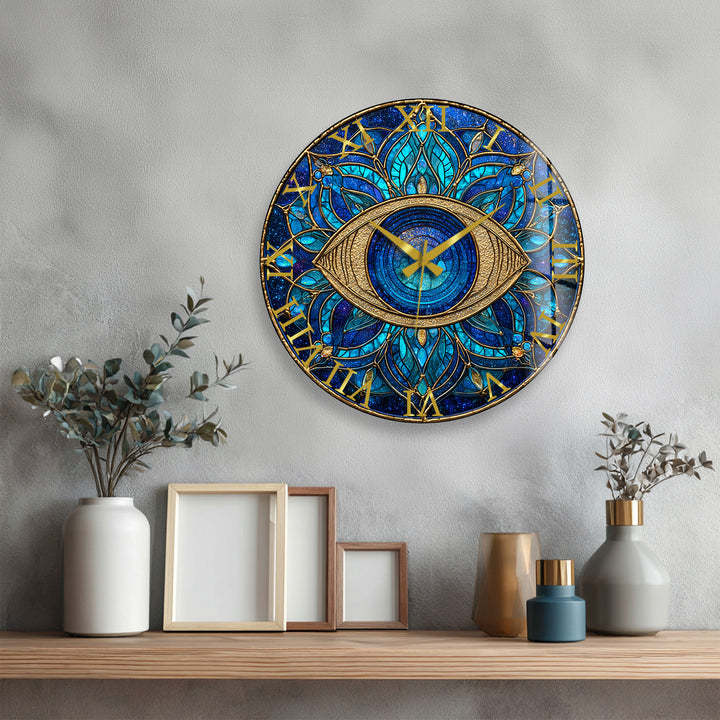 Evil Eye Glass Wall Clock – Blue Mandala Wall Decor