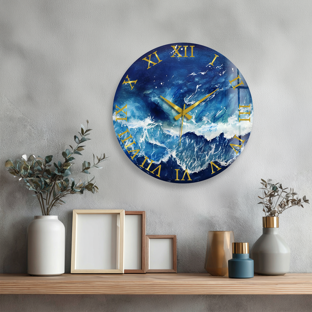 Abstract Blue Ocean Glass Wall Clock – Coastal Wave Art