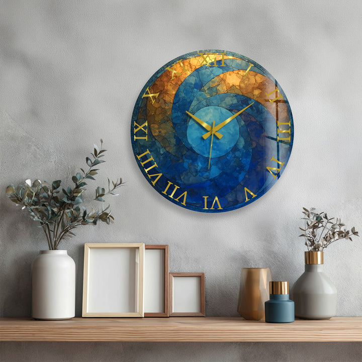 Blaue und goldene Glaswanduhr – abstraktes Kreisdekor