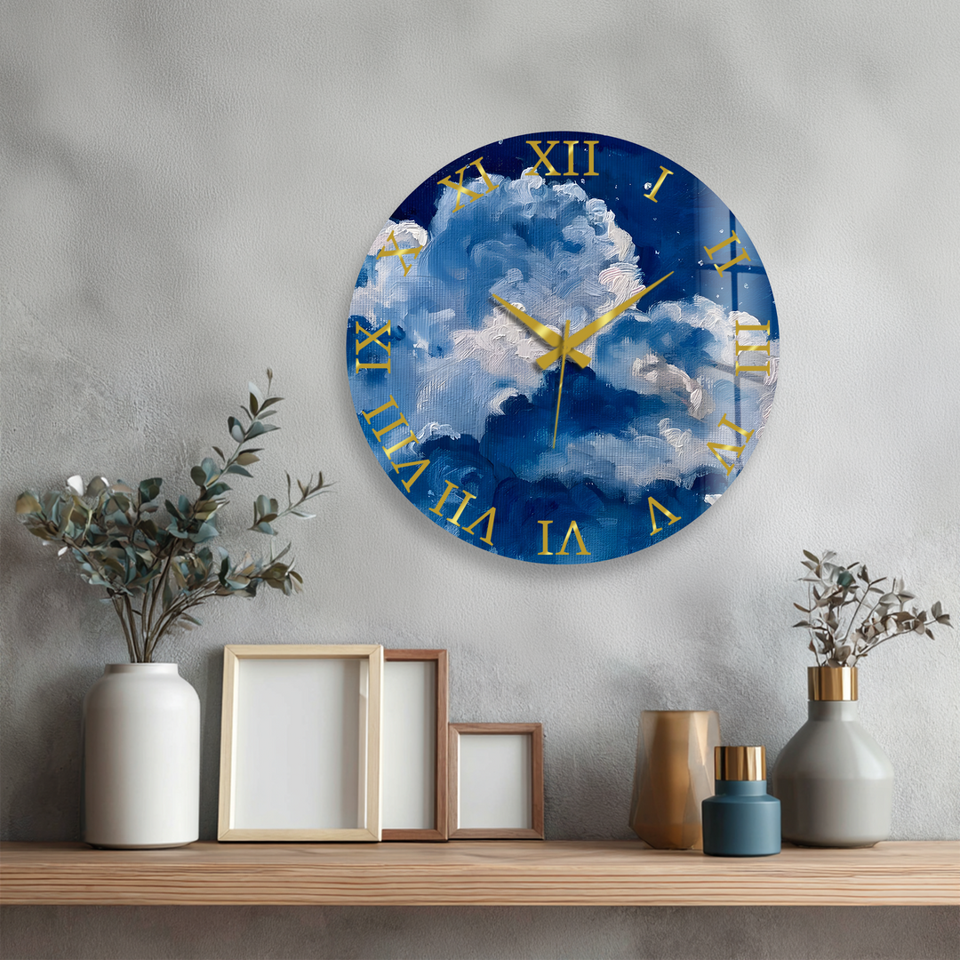 Blaue Wolke Glaswanduhr – abstrakte Himmelswanddekoration