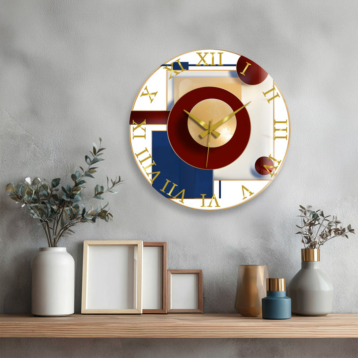 Burgundy and Navy Glass Wall Clock – Modern Geometric Gold Art