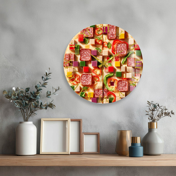 Pizza Glass Wall Clock – Colorful Kitchen Food Decor