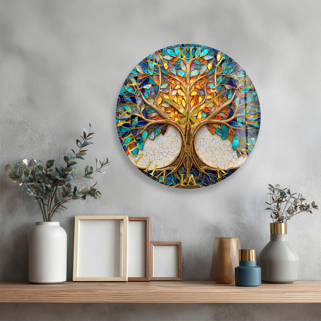 Tree of Life Glass Wall Clock – Blue and Gold Mosaic Decor