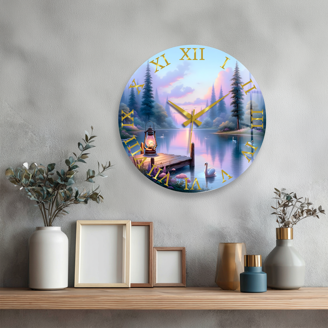 Swan Lake Glass Wall Clock – Pastel Forest Landscape