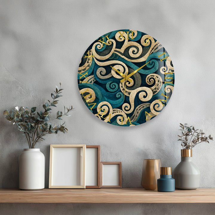 Teal Spiral Glass Wall Clock – Blue and Beige Abstract Swirl Art