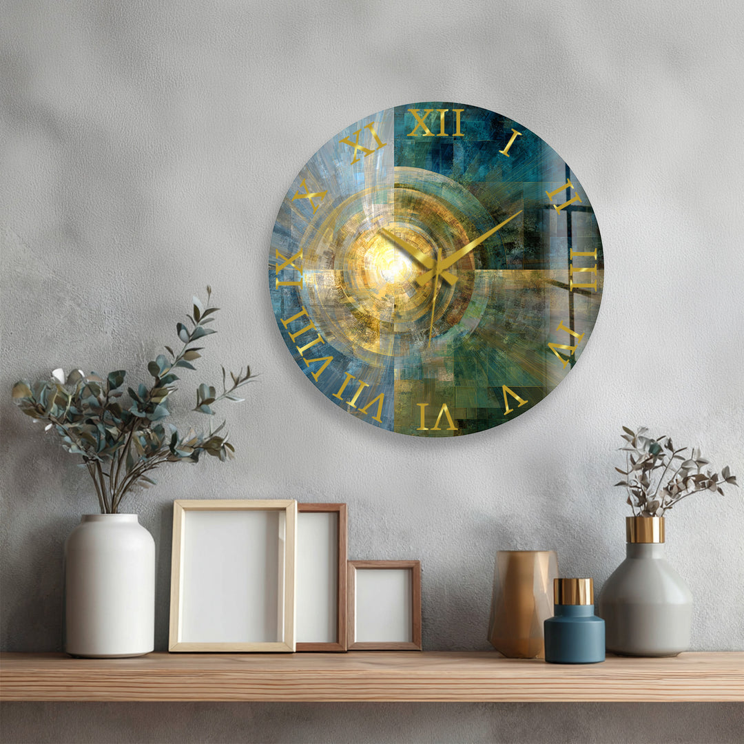 Teal and Gold Glass Wall Clock – Abstract Geometric Art