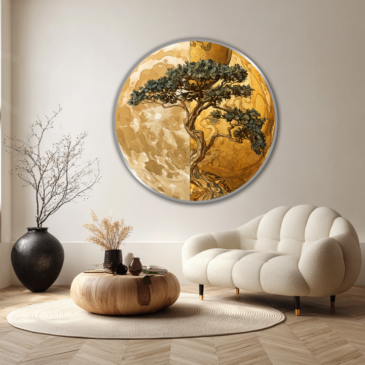Alternating light and shadow emphasize the contrasting gold and ivory sides of this round oil painting artwork featuring a beautifully balanced tree.