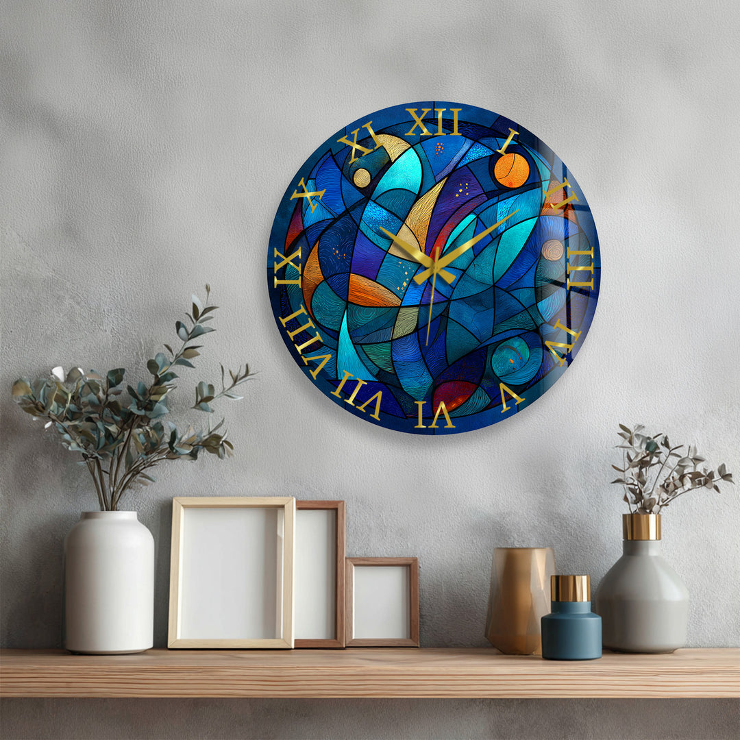 Blaue abstrakte Glas-Wanduhr – Dekor im Buntglas-Stil