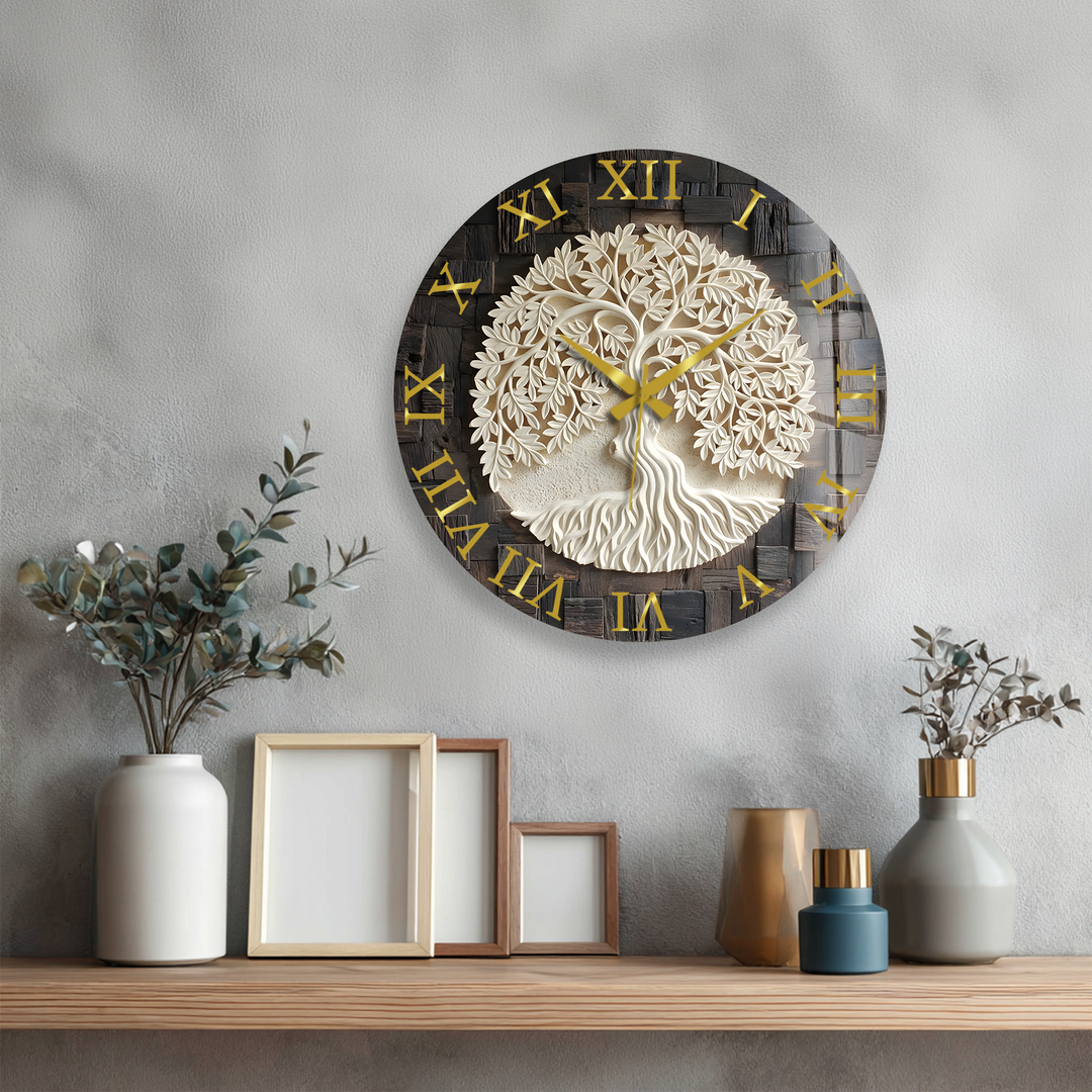 Tree of Life Glass Wall Clock – Rustic Wood Look Decor