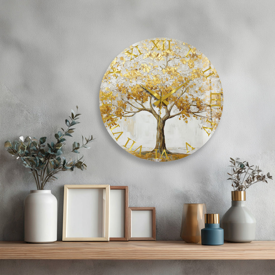 Gold Tree of Life Glass Wall Clock – White and Gold Modern Decor