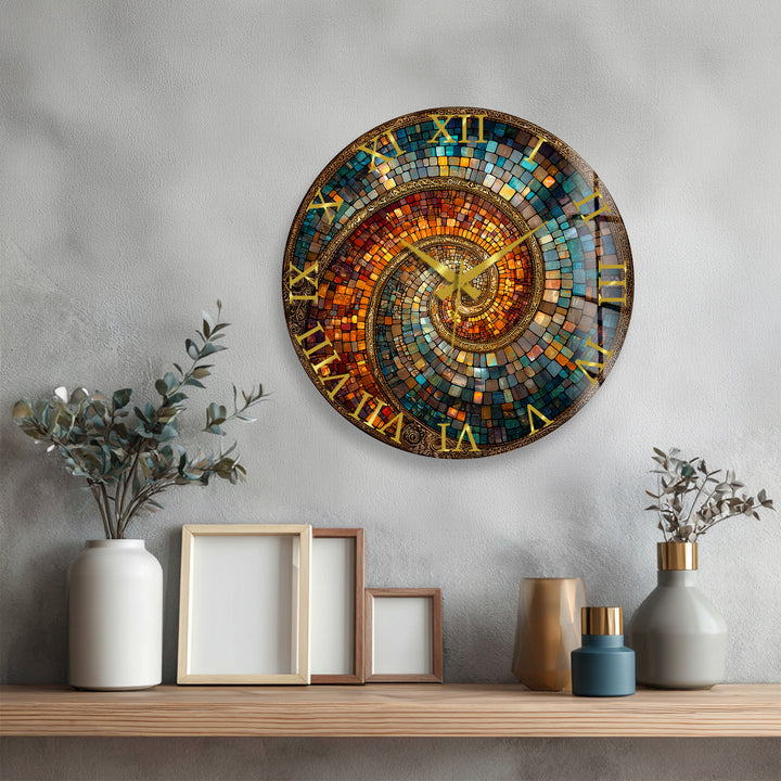 Spiralmosaik-Glaswanduhr – abstrakte Kunst in Blaugrün und Kupfer