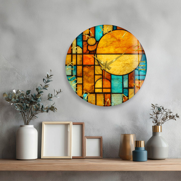 Orangefarbene und blaugrüne Glaswanduhr – geometrische Retro-Sonnenkunst