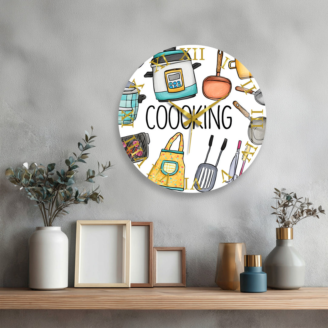 Colorful Cooking Glass Wall Clock – Kitchen Utensil Decor