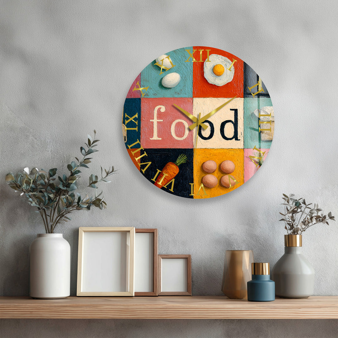 Colorful Food Glass Wall Clock – Retro Kitchen Decor