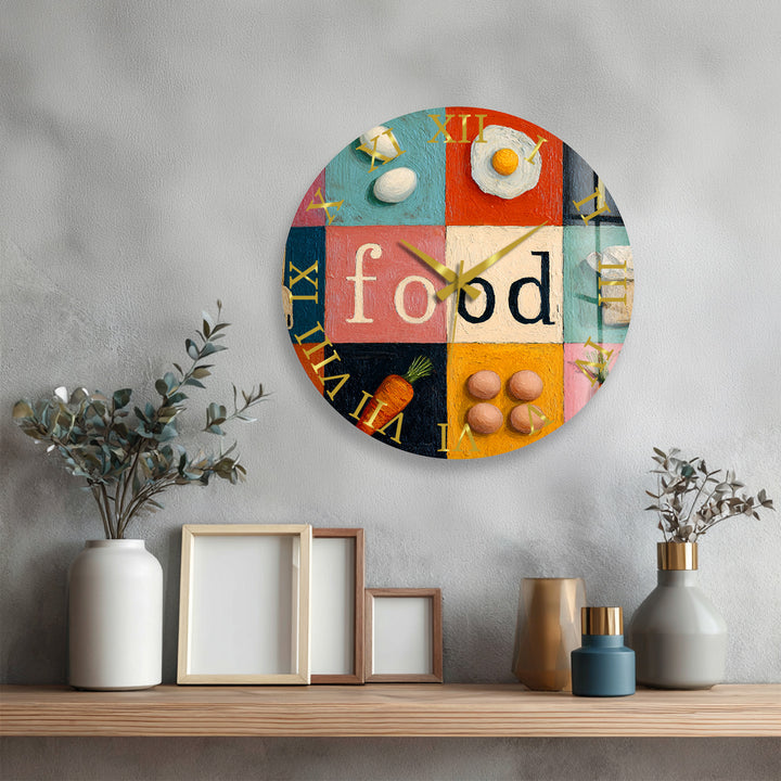 Colorful Food Glass Wall Clock – Retro Kitchen Decor
