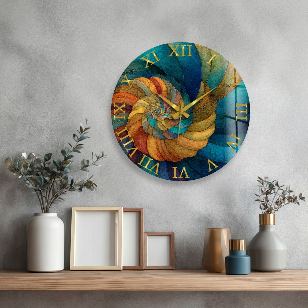 Abstract Spiral Glass Wall Clock – Teal and Gold Swirl Art