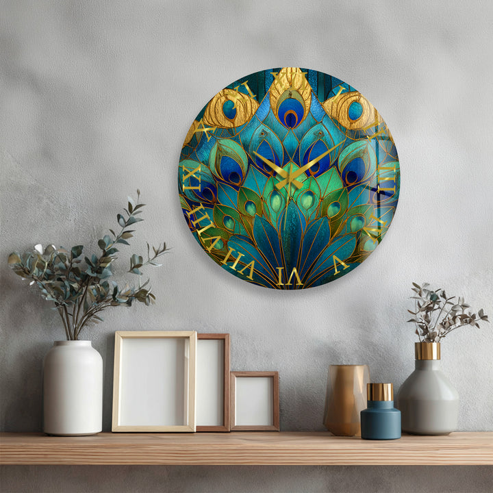 Peacock Feather Glass Wall Clock – Blue Art Nouveau Decor