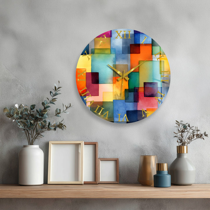 Colorful Geometric Glass Wall Clock – Abstract Color Block Art