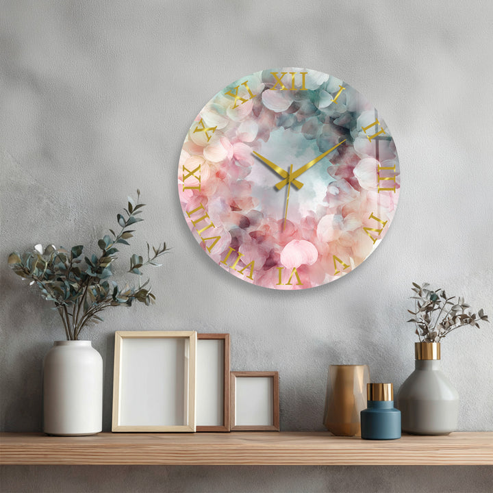 Pastel Hydrangea Glass Wall Clock – Pink Floral Wreath Decor