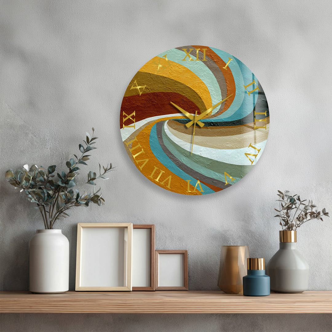 Retro Wave Glass Wall Clock – Teal and Mustard Abstract Decor
