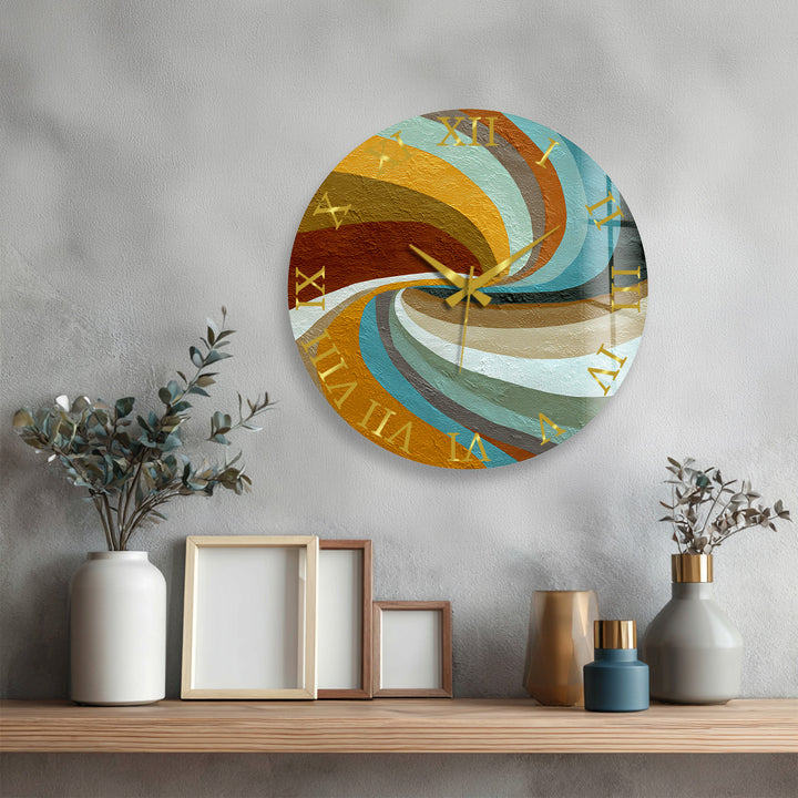 Retro Wave Glass Wall Clock – Teal and Mustard Abstract Decor