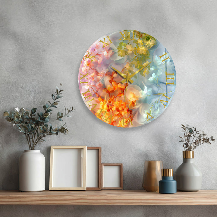 Pastel Floral Glass Wall Clock – Dreamy Botanical Decor