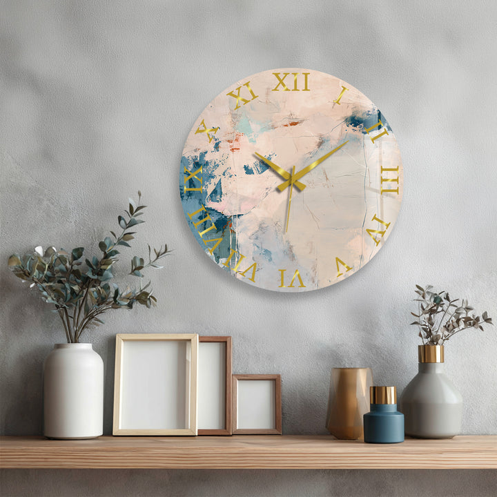 Neutral Abstract Glass Wall Clock – Beige and Blue Modern Decor