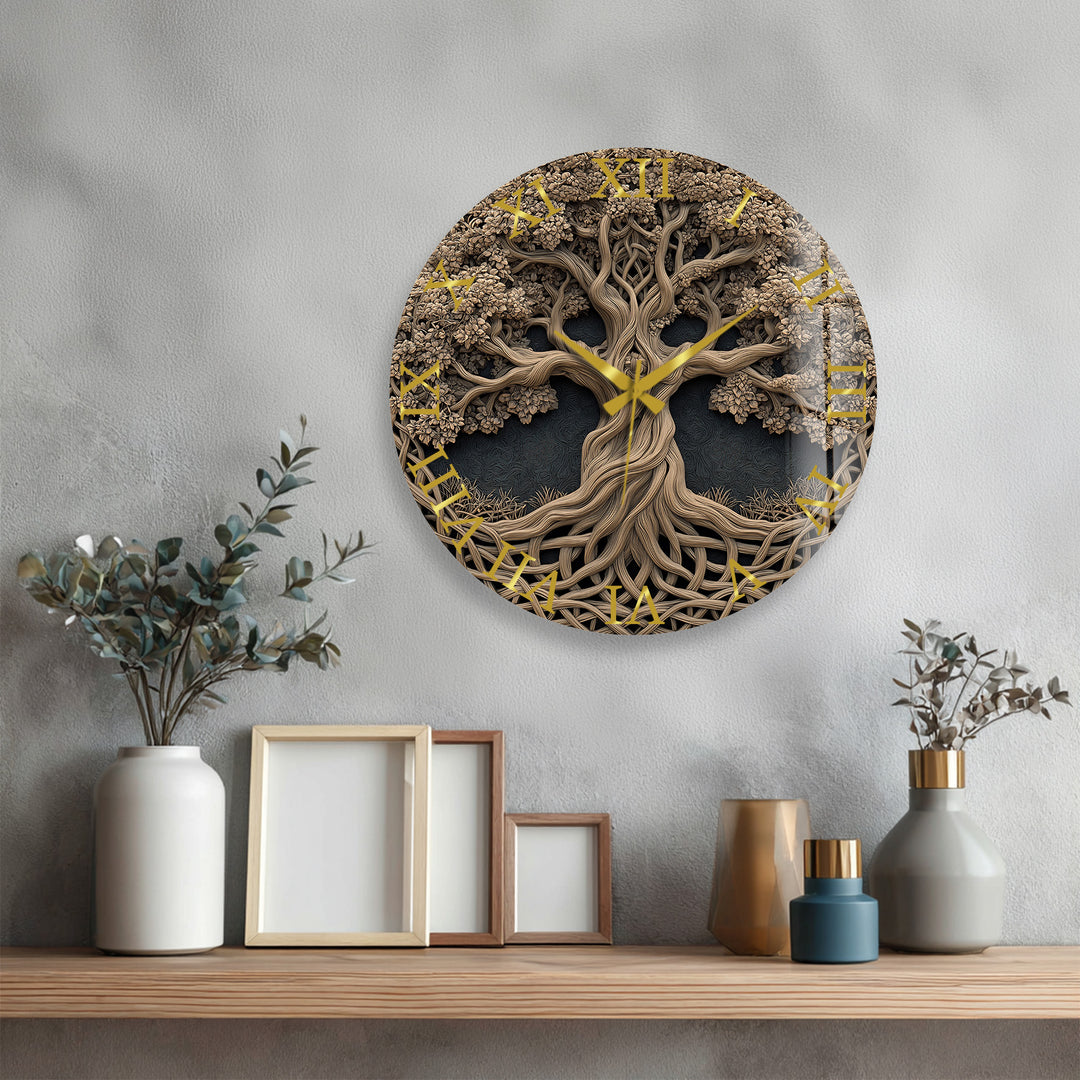 Baum des Lebens Glas-Wanduhr – Rustikale geschnitzte Holzoptik