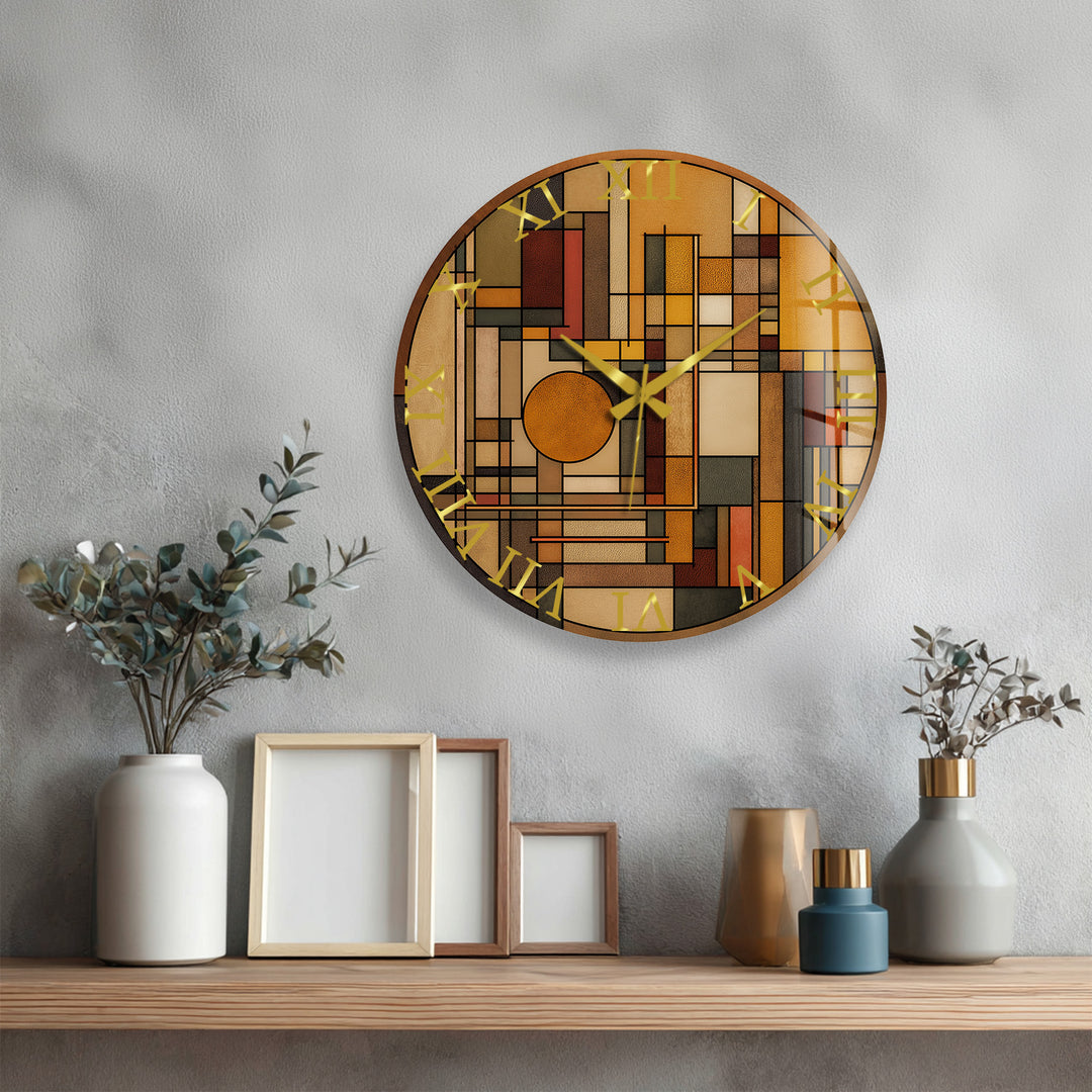Art Deco Geometric Glass Wall Clock – Warm Retro Abstract Art