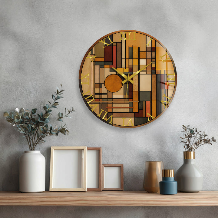 Art Deco Geometric Glass Wall Clock – Warm Retro Abstract Art
