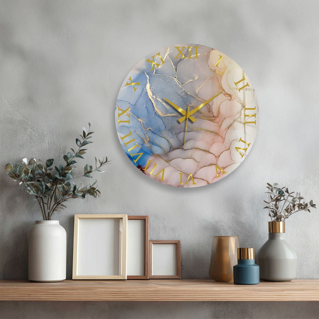 Pastellrosa und blaue Marmorglas-Wanduhr