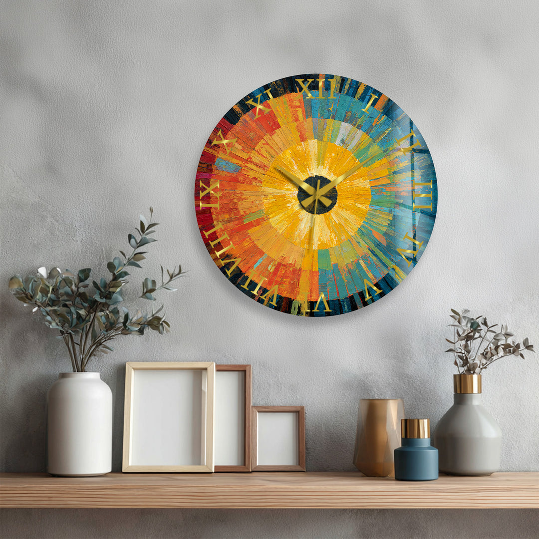 Abstract Sunburst Glass Wall Clock – Colorful Modern Art