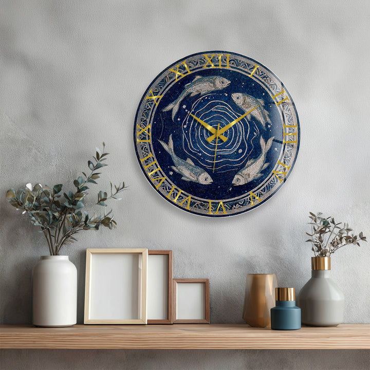 Blue Fish Mosaic Glass Wall Clock – Mediterranean Coastal Decor