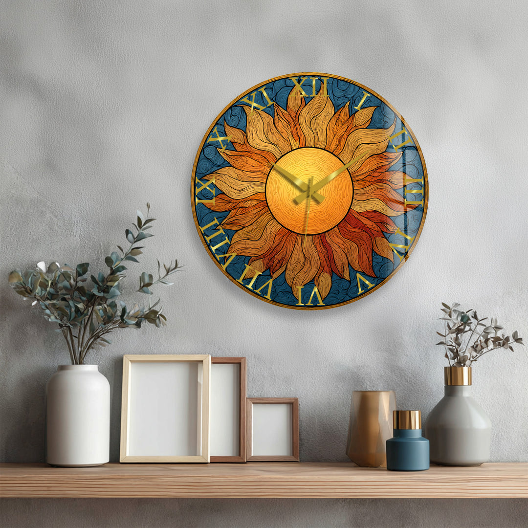 Boho Sun Glass Wall Clock – Golden Sunburst Decor