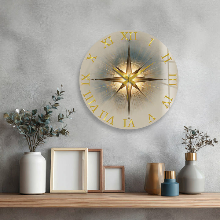Gold Compass Rose Glass Wall Clock – Elegant Nautical Decor