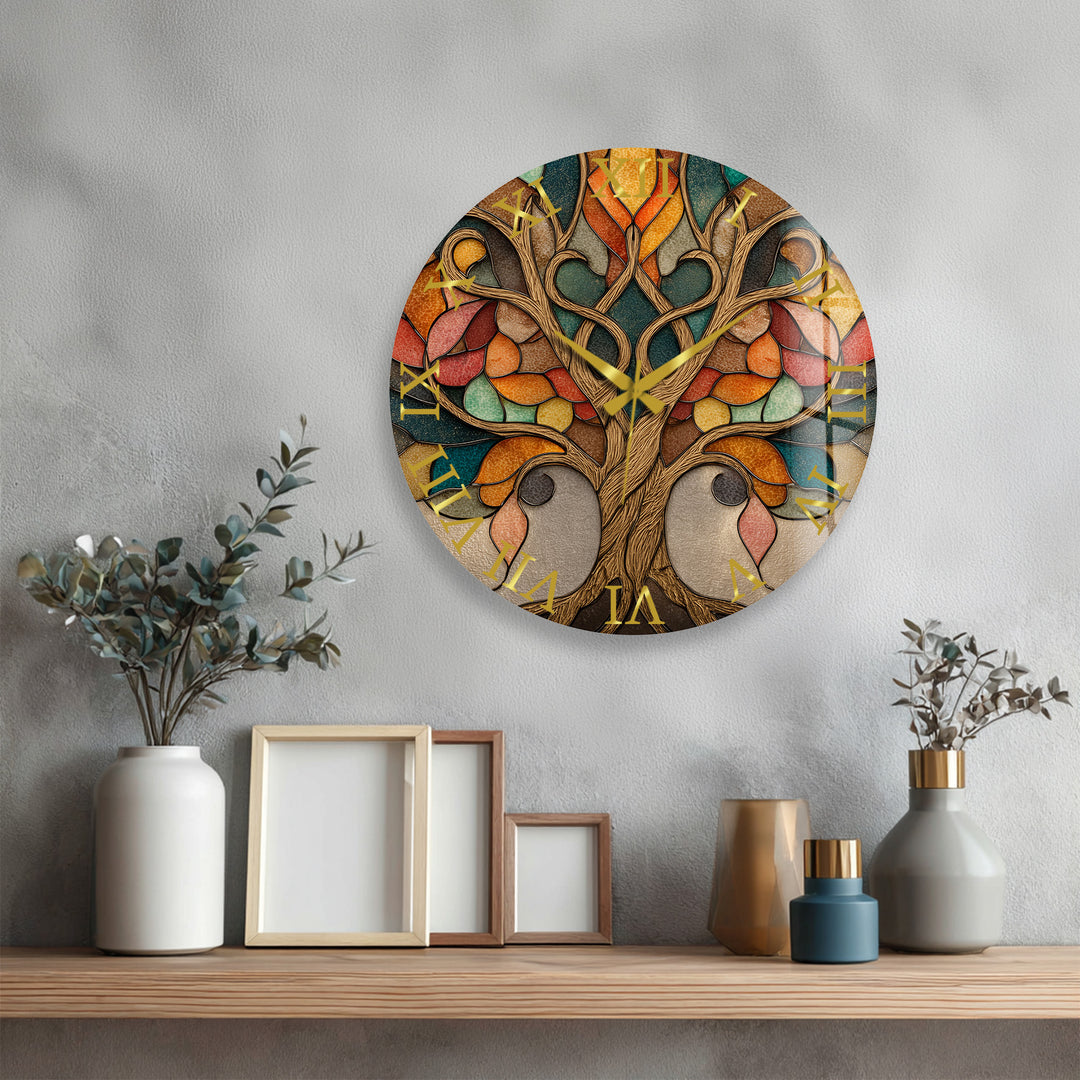 Autumn Tree of Life Glass Wall Clock – Stained Glass Style Decor