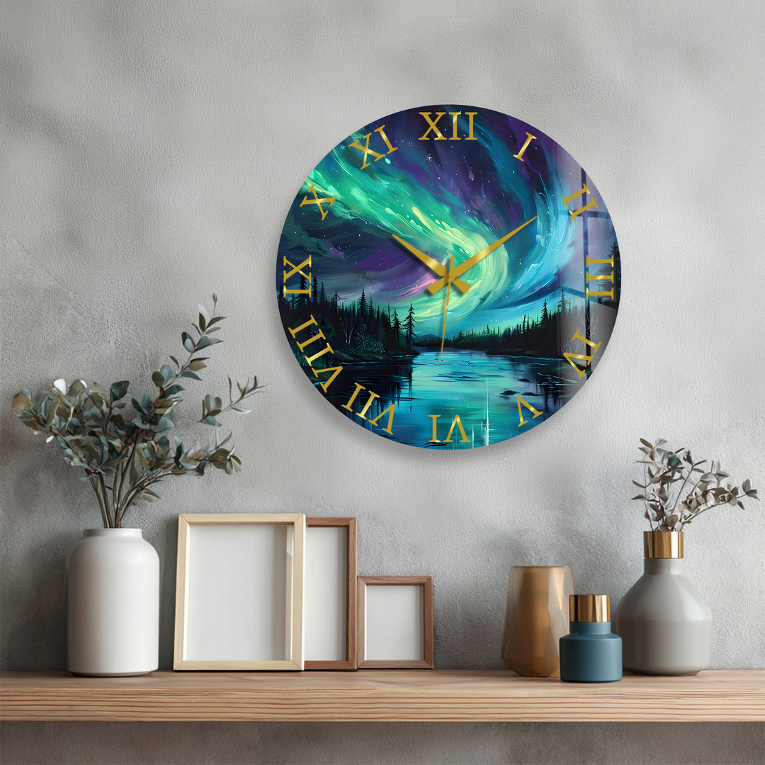 Northern Lights Glass Wall Clock – Aurora Borealis Decor
