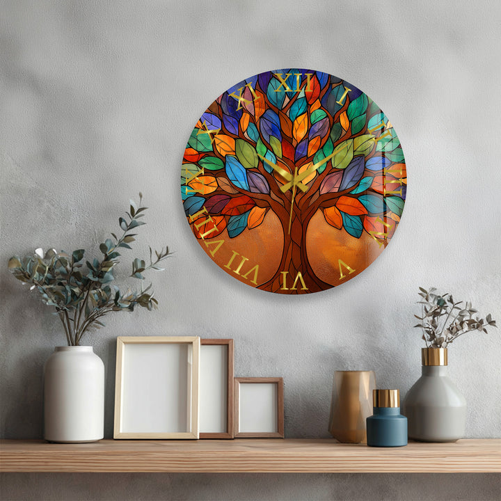 Bunte Glas-Wanduhr „Baum des Lebens“ – Buntglas-Stil