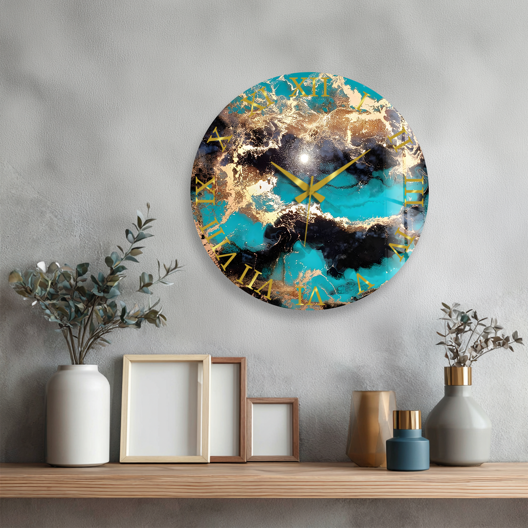 Turquoise and Gold Glass Wall Clock – Abstract Marble Decor