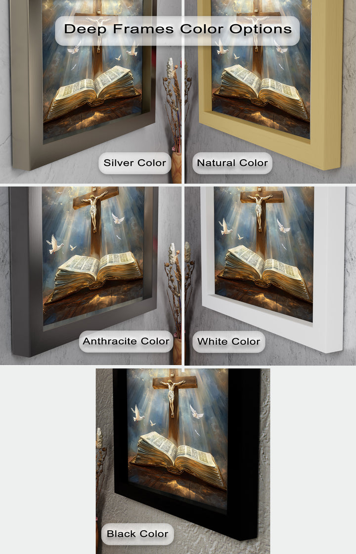 Jesus on the Cross with Open Bible and Doves - Oil Painting