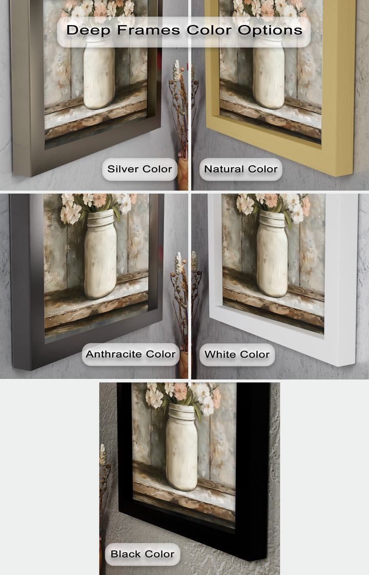 Blush & Cream Blooms – Rustic Mason Jar Flower Oil Painting