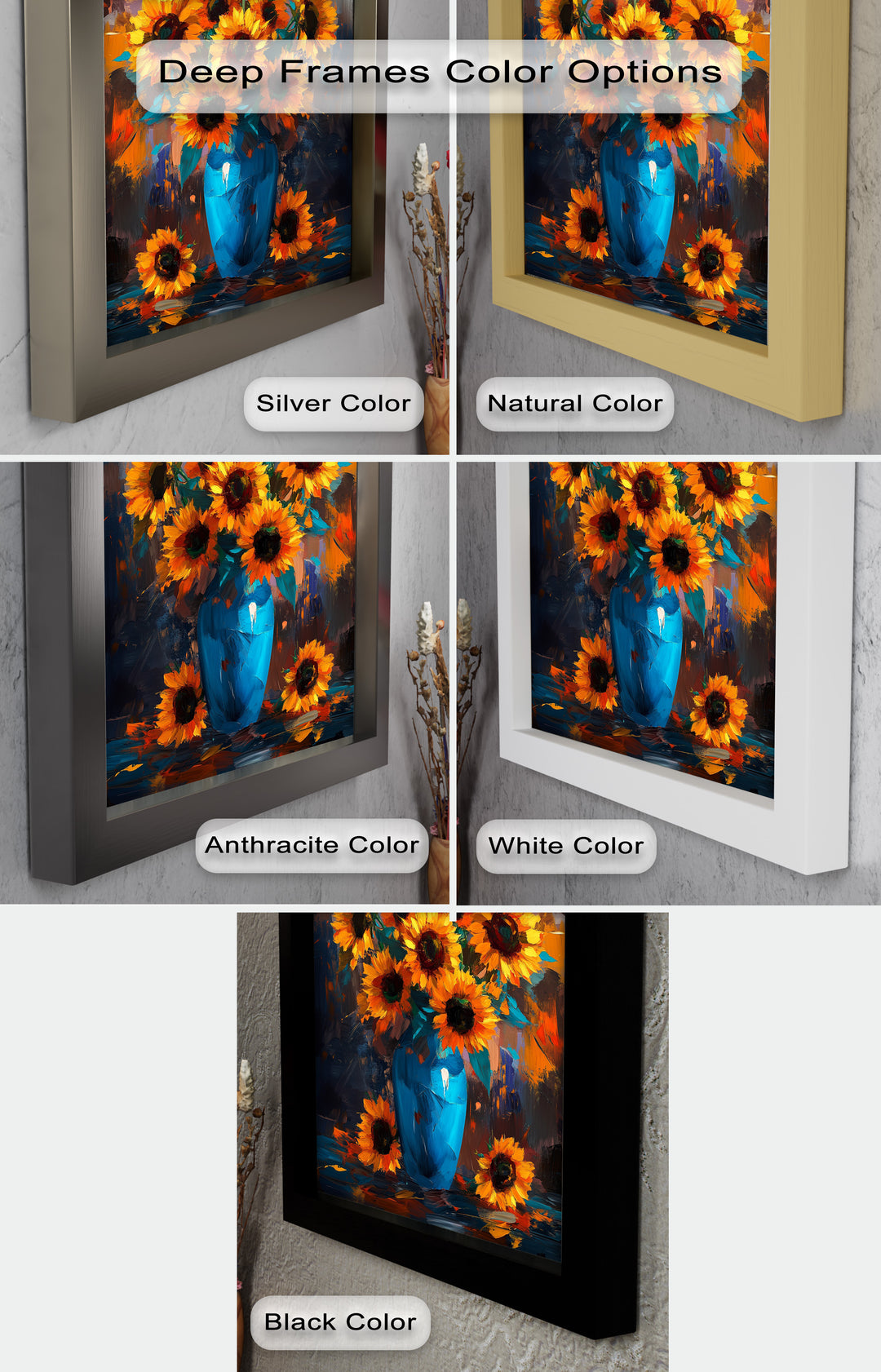 Sunlit Joy – Bold Sunflowers in Blue Vase Oil Painting