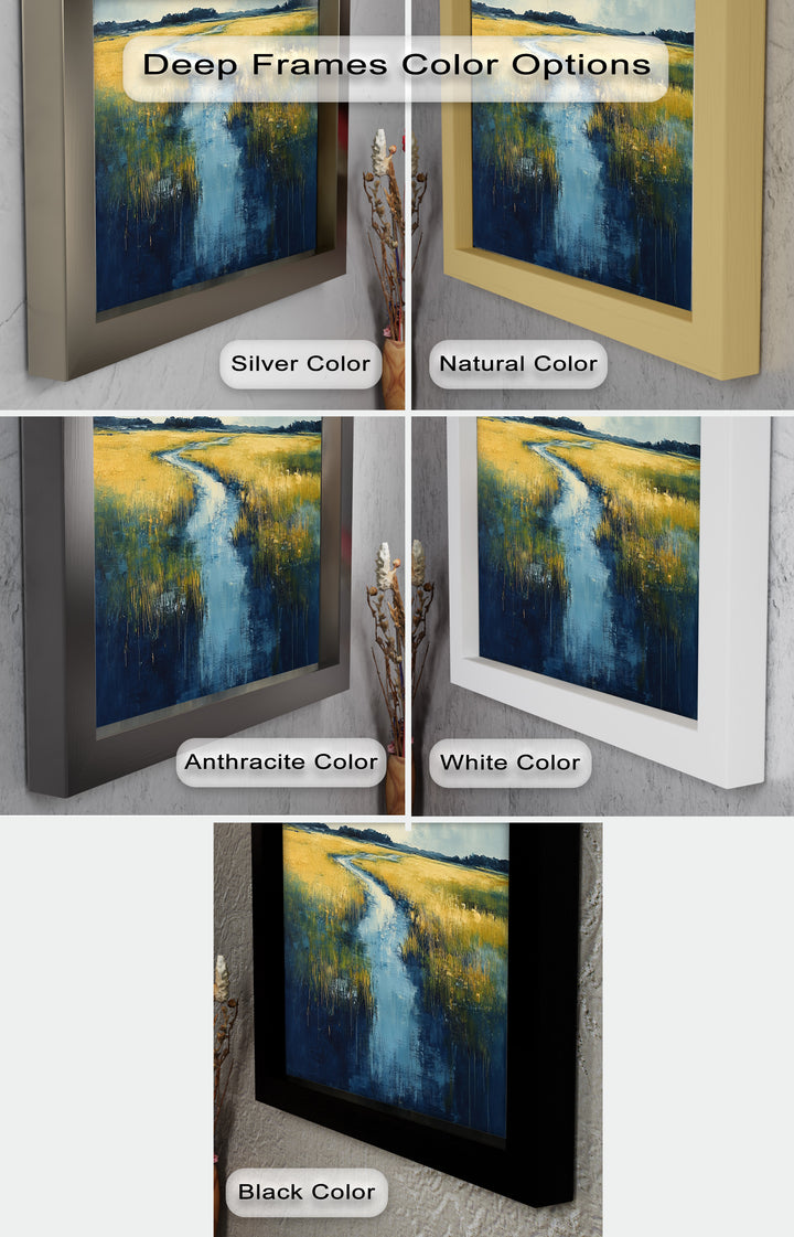 Golden Fields and Blue Stream – Contemporary Landscape Oil Painting