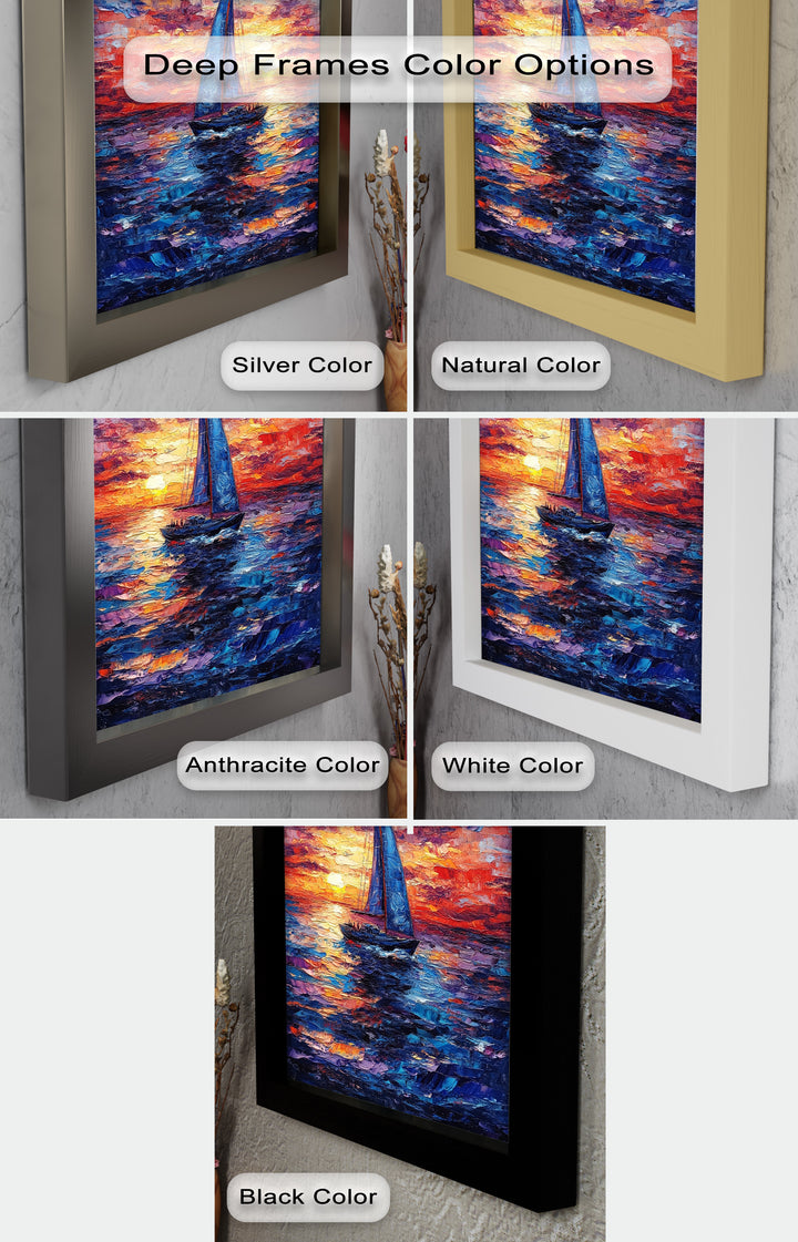 Crimson Horizon – Sunset Voyage Boat Oil Painting