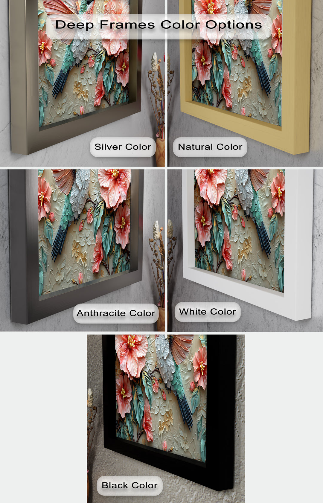 Spring Hummingbird with Pink Flowers – Framed Oil Painting