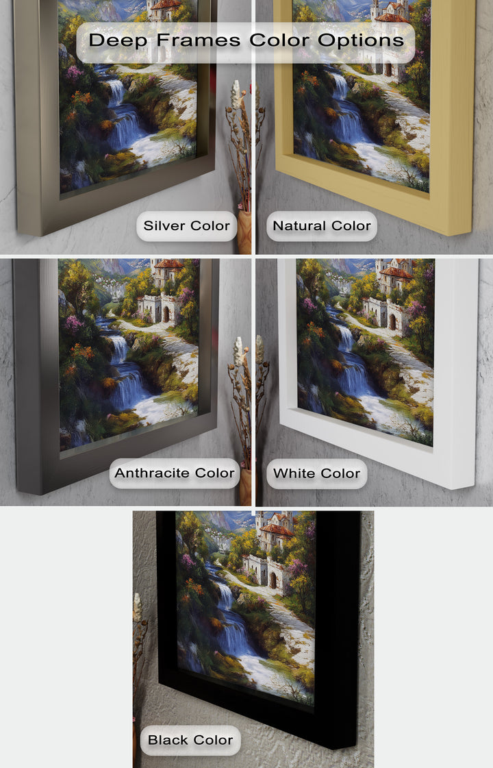 Mountain Abbey by the Falls – Serene Renaissance Oil Painting
